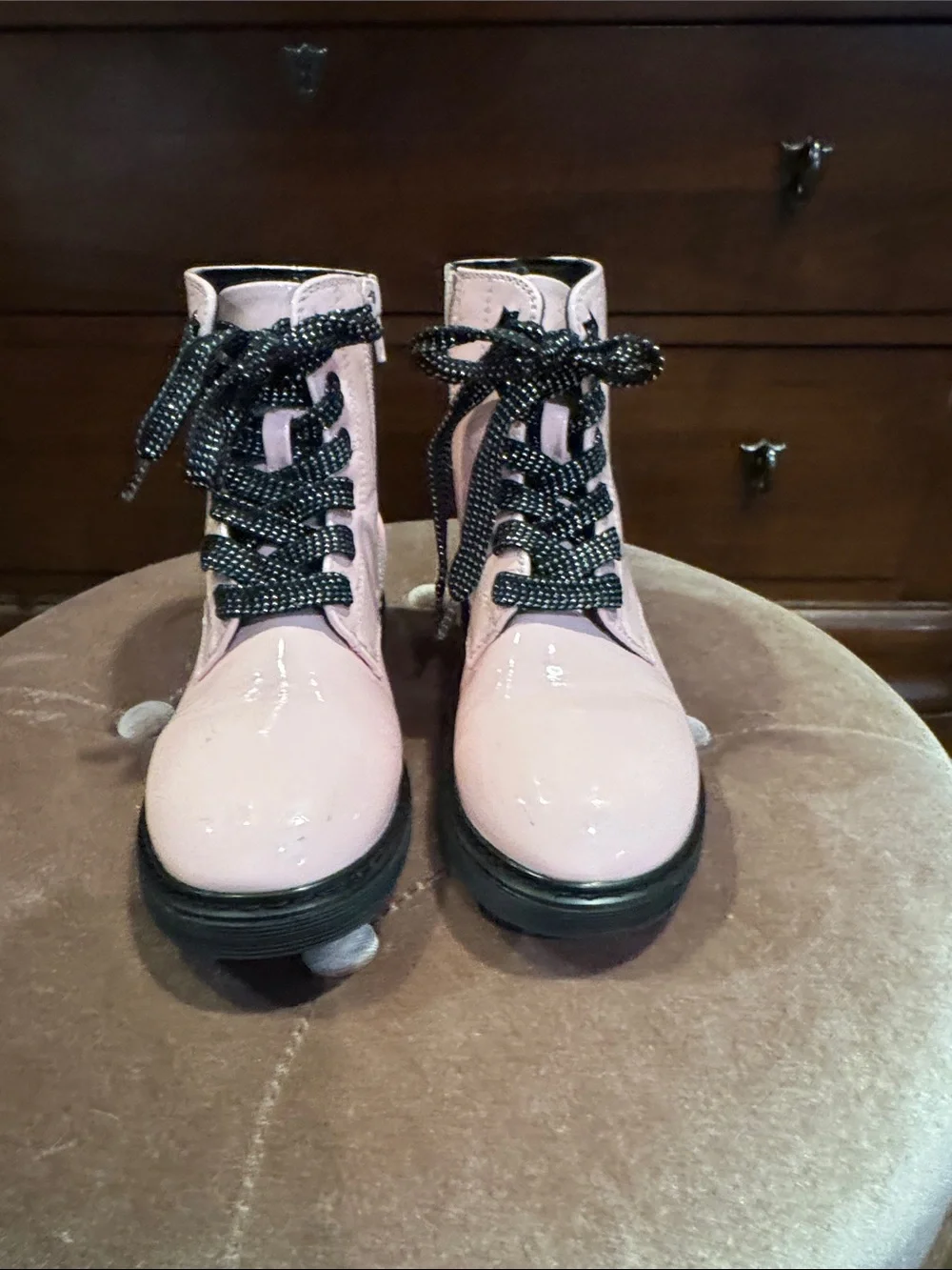 Kohl's Pink Patent Lace-Up Kids Ankle Boots with Black Laces